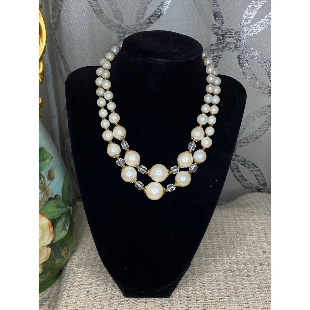 Vintage MCM Double Strand Beaded Faux Pearl Necklace Stamped "Japan"